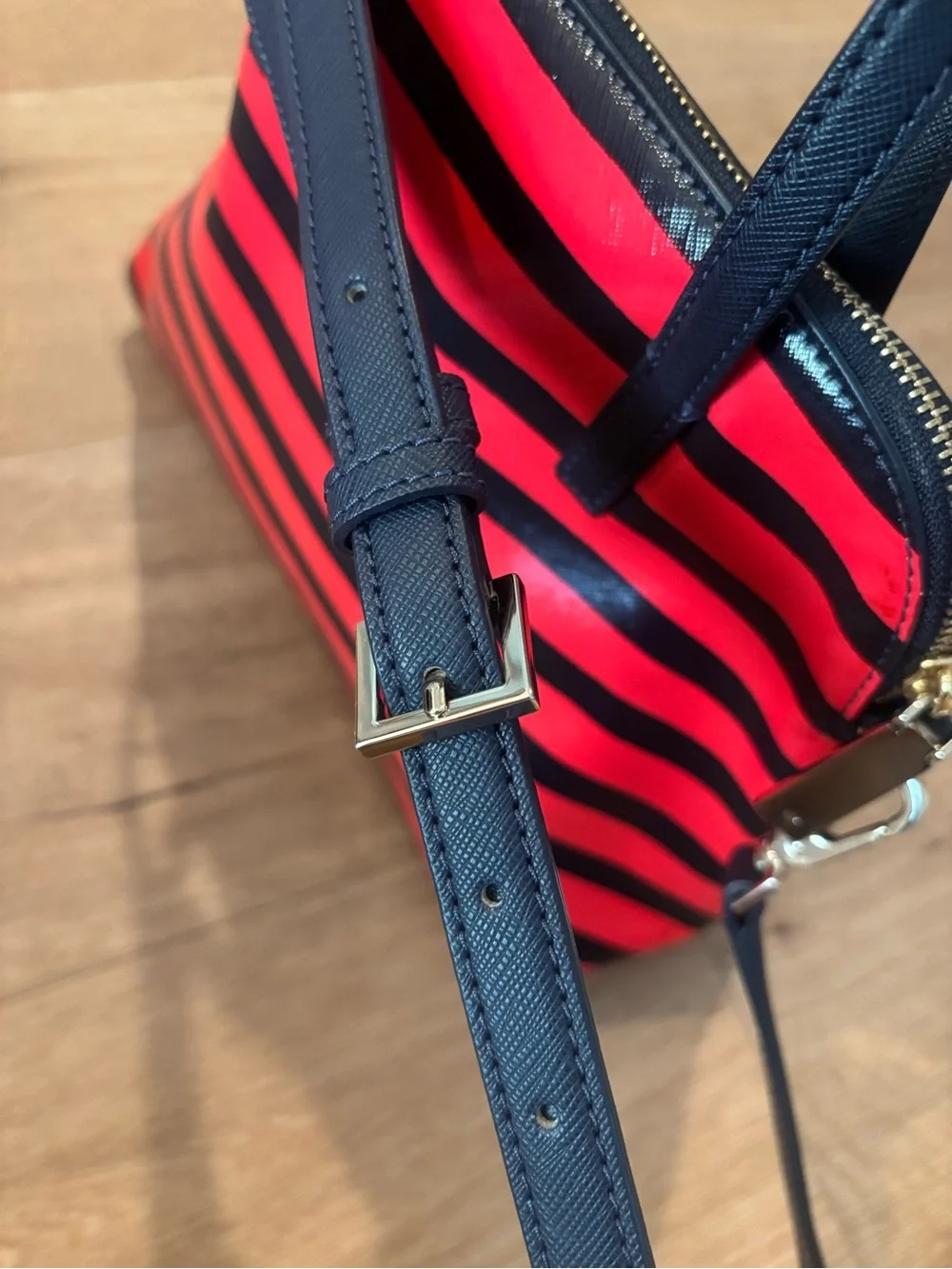 kate spade Red and Navy Striped Dome Satchel with Bow Accent